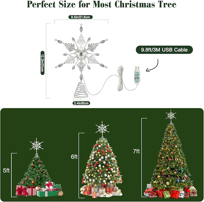 Lewondr Christmas Snowflake Tree Topper, 12.2'' Glittered Xmas Tree Topper with Pearl Gem, 30 LED Bulbs, 6 Hrs Timer and 8 Modes USB Remote Control, Christmas Treetop Decor for Home Holiday, White