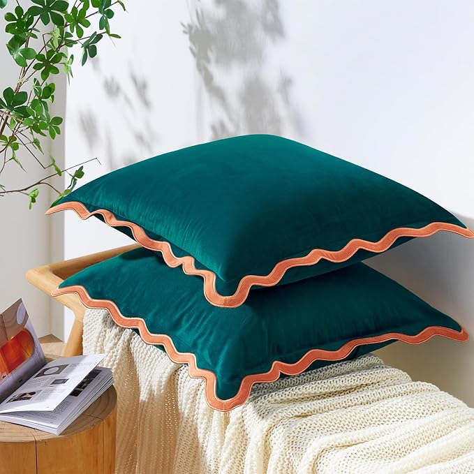 MONDAY MOOSE Decorative Throw Pillow Covers Cushion Cases, Set of 2 Soft Velvet Scalloped Wavy Edge Designs, Mix and Match for Home Decor, Pillow Inserts Not Included (22x22 inch, Coral/Dark Teal)