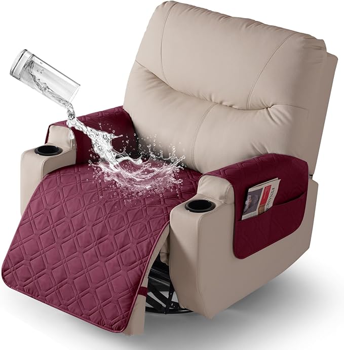 VANSOFY Recliner Chair Covers 100% Waterproof Seat Cover with Arm Reclining Cover Non-Slip Recliner Chair Covers Furniture Protector Washable Slipcover with Pocket for Pets, Dogs(Burgundy, 25")