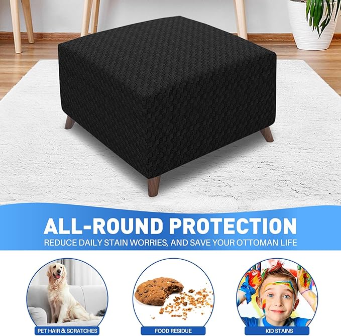 MAXIJIN Jacquard Ottoman Cover Slipcovers Folding Storage Stool Furniture Protector Cover Soft Thick Rectangle Foot Rest Slipcover with Elastic Bottom (Ottoman Large, Black)