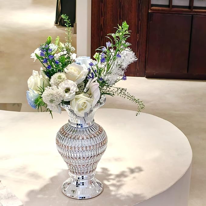 Large Ceramic vase, 30 cm, Inlaid with Rhinestones, Luxury, Vintage Silver vase for Home Decoration, Suitable for Living Room, Bedroom, Kitchen, Table Centerpiece.