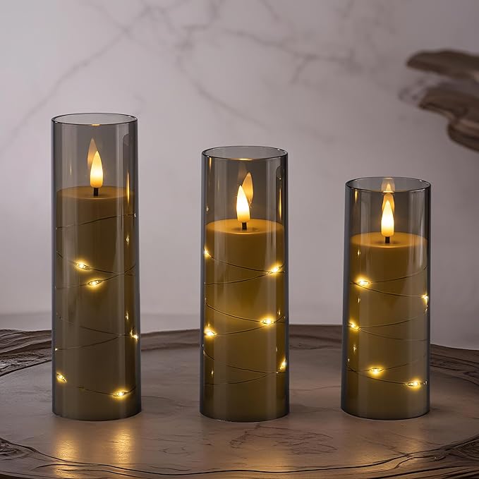 18 Pack Flameless Battery Operated LED Candles with Remote and Timer, Flickering Candles with Embedded Star String for Romantic Ambiance and Home Decoration, Stable Acrylic Shell (Grey)