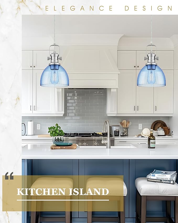 2 Pack Pendant Lights Kitchen Island, 7.5" Farmhouse Pendant Lighting with Blue Seeded Glass Shade, Vintage Hanging Light Fixtures for Dining Room, Brushed Nickel Finish, AD-22151-1P2-SN-BL