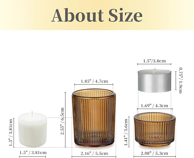 Hewory Glass Tealight Candle Holder: 8 Pcs Amber Votive Candle Holders Tea Lights Candle Holder, Ribbed Tea Light Holders Fall Decorations for Thanksgiving Table Centerpiece Wedding Party Home Decor