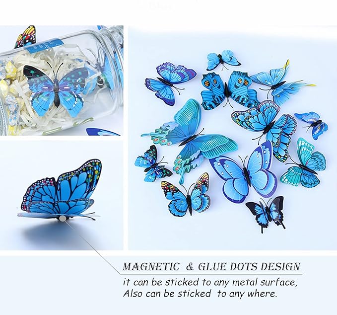 Butterfly Wall Decor 24/48 PCS, 3D Butterflies Stickers for Party Decorations with Magnets(Blue, 24)
