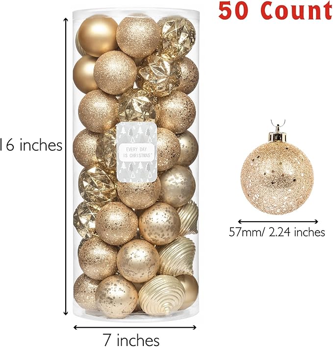 Every Day is Christmas Ornaments, Shatterproof Christmas Tree Ornament Set, Christmas Balls Decoration 50 Count (2.24"/57mm, New Gold)