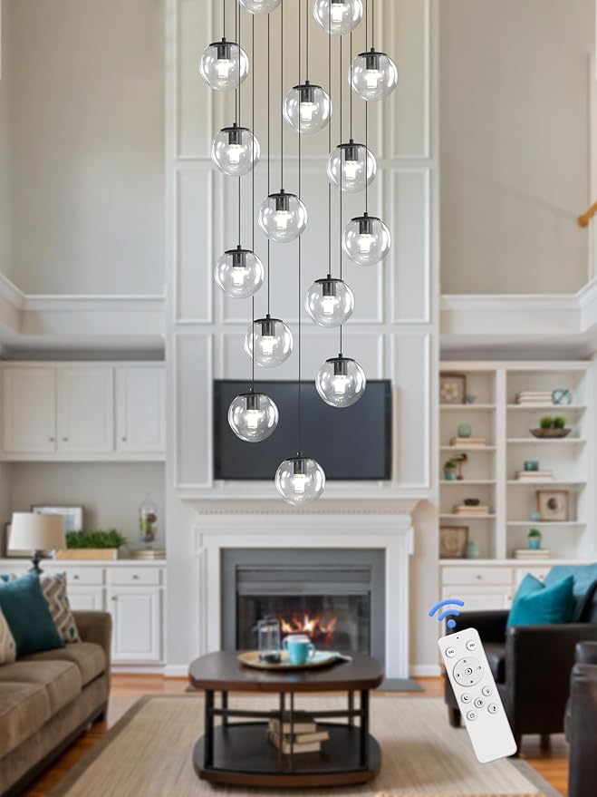 15-Light Black Chandelier with Globe Glass Dimmable Ceiling Light Glass Pendant Light for Kitchen Island, Dining Room, Living Room, Entry Hallway, LED Bulbs Included