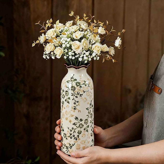 Ceramic Vase Set of 3, Vintage Green and Beige Vases Set for Home Decor, Chinoiserie Floral Decorative Vase for Living Room, Bookshelf, Office (5.9"+7.9"+9.8")