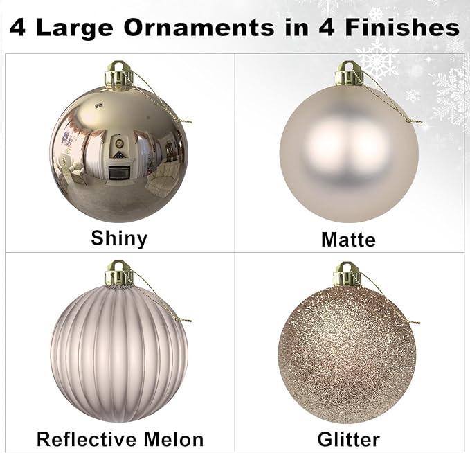 Champagne Gold 4.0" Large Christmas Balls - Christmas Tree Decoration Ornaments Shatterproof Hanging Balls for Birthday Halloween Holiday Wedding Decorations Set of 4pcs