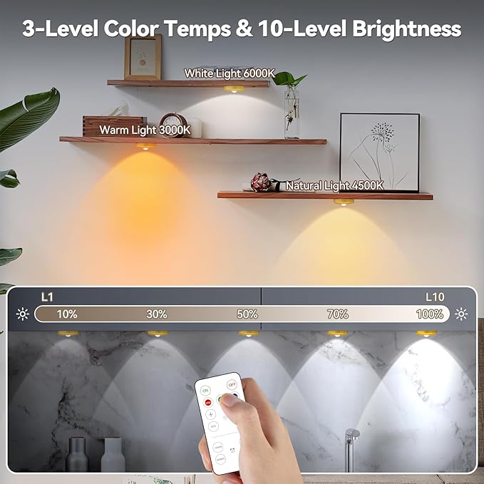Yiliaw Rechargeable Puck Lights with Remote, 12 Pack Magnetic Under Cabinet Lighting, 1500mAh Battery Operated LED Tap Lights with Dimmer & Timmer for Kitchen, Closet, Shelf - 3 Color Temps, Gold