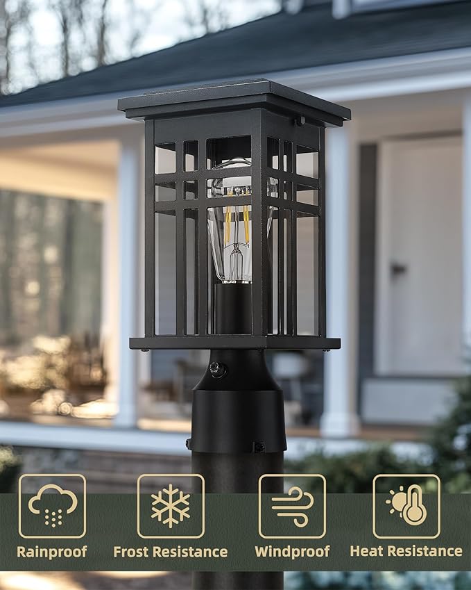 HWH INVESTMENT Outdoor Post Lantern Dusk to Dawn, Patio Pole Lamp Post for Yard Garden, Waterproof Exterior Lamp Post Lantern with Photocell Sensor, Clear Glass, 5HD36P PC BK