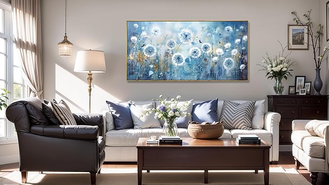 Wall Art Modern Artwork Blue Dandelion Wall Decor Floral Picture Canvas Painting for Living Room Bedroom Dining Room Home Office Decor 20"x40" with Framed
