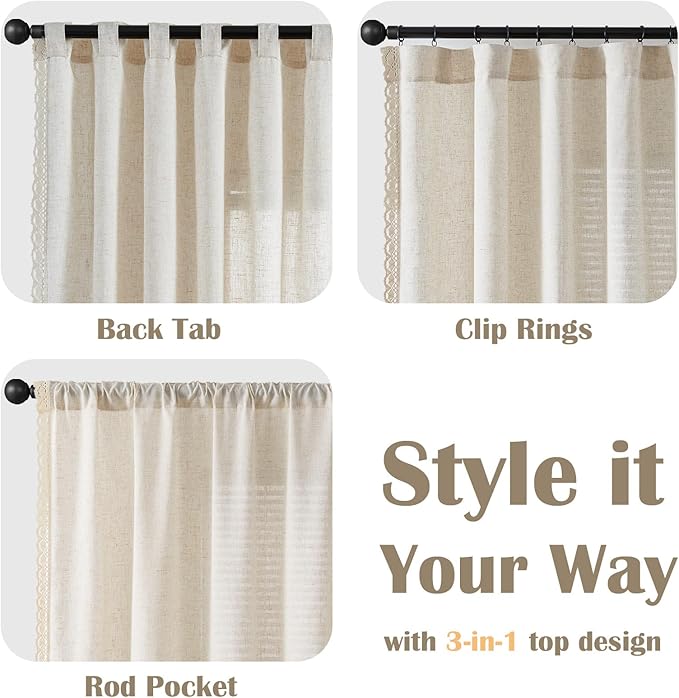 jinchan Linen Curtains for Living Room Bedroom Light Filtering Semi Sheer Curtains Boho Farmhouse French Country Cottage Core Decor Window Drapes Back Tab 72 Inch Length Laced Beige