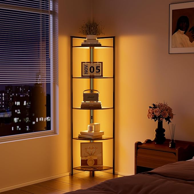 Rustic Tall Corner Shelf with Led Light, 5 Tier Modern Corner Bookshelf for Living Room, Dark Wood and Metal Corner Shelving Unit for Office, Bedroom, Kitchen (Rustic Brown)