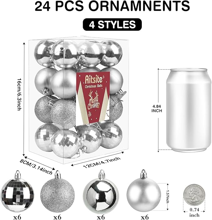 Aitsite 24ct Mini Shatterproof Christmas Ornaments Set, 1.57 Inch Diameter, Silver, Glossy, Frosted, Glitter, Mirrored, Perfect for Christmas Decorations