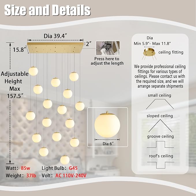 16-Light Gold Chandelier with White Globe Glass Dimmable Ceiling Light Glass Pendant Light for Kitchen Island, Dining Room, Living Room, Entry Hallway