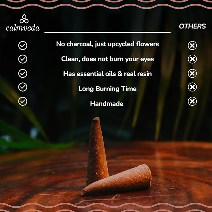 Organic Incense Cones Scented - (120 Cone Incenses, 10 Variants) Clean No Charcoal Incense, Made from Upcycled Flowers | Palo Santo, Frankincense, Nag Champa Cones, etc. (with Holder)