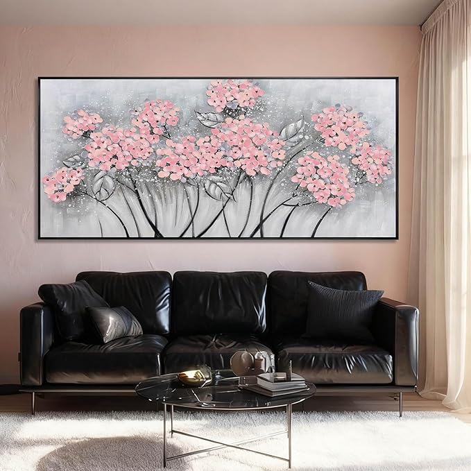 SOUGUAN Flower Wall Art Pink Wood Wall Decor Botanical Oil Painting 32"x70" Large Artwork for Bedroom Canvas Paintings for Office