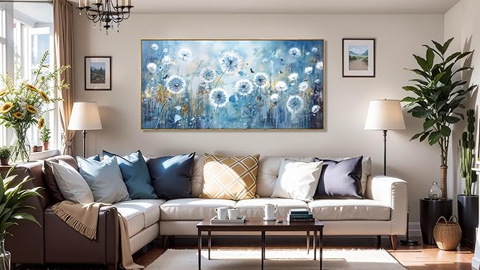 Wall Art Modern Artwork Blue Dandelion Wall Decor Floral Picture Canvas Painting for Living Room Bedroom Dining Room Home Office Decor 20"x40" with Framed