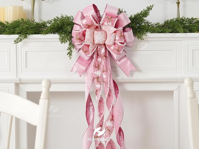 HUIHUANG Pink Christmas Tree Topper Bow 13 inch x 45 inch Large Christmas Bows Pink and White Snowflake Velvet Bows for Christmas Tree Ornament, Wreaths, Staircase, Mantel, Home Decor