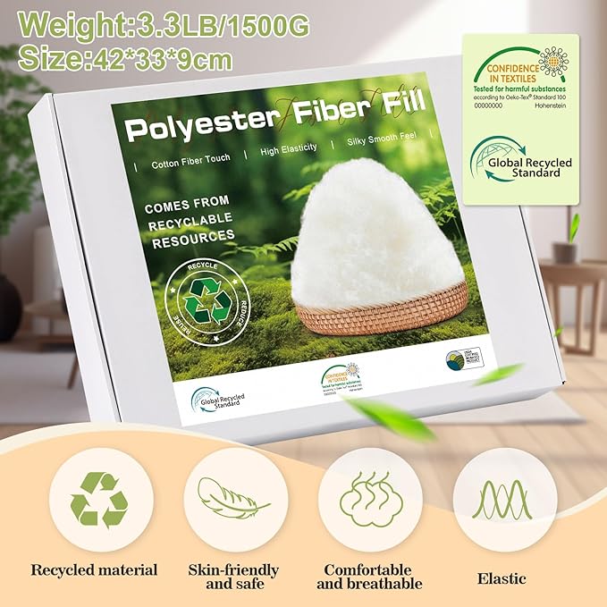 GarfxG 3.3 LB/1500G Pillow Stuffing, Premium Polyfill Stuffing Polyester Fiberfill Stuffing for Stuffed Animals, GRS Certified Cushion Filler for Sofa, Poly Filling Stuffing with Bag