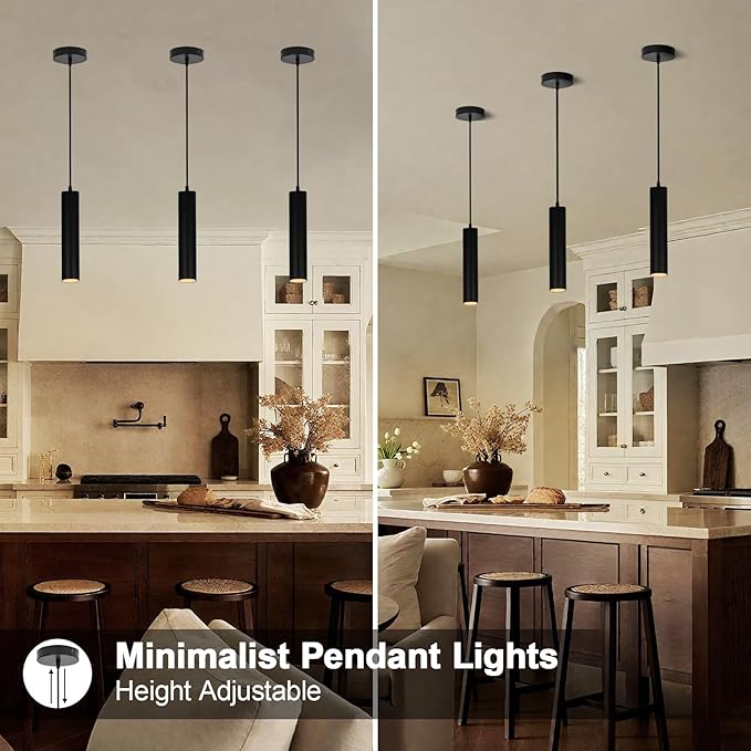 Modern Black Pendant Lights 2 Pack, LED Minimalist Pendant Lighting Fixture for Kitchen Island, Long Tube Hanging Light Cord Adjustable for Living Room Bedroom Dining Room Bar