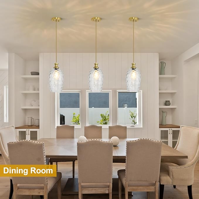 Glass Pendant Lights Kitchen Island, Large Size 7.1in Gold Pendant Light Fixtures with Hammered Clear Glass for Kitchen Over Sink Dining Room Bedroom, E26