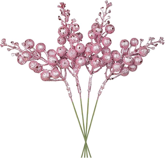 DearHouse 14 Pack Christmas Glitter Berries Stems, 7.8Inch Artificial Christmas Picks for Christmas Tree Ornaments, DIY Xmas Wreath, Crafts, Holiday and Home Decor (Pink)