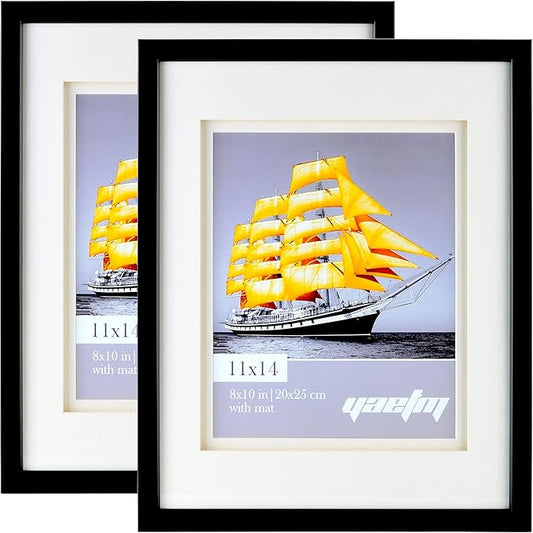 Yaetm 11x14 Double Floating Mat Picture Frame Set of 2, Display Picture 8x10 with Ivory Double Mat, Polished High Definition Real Glass, Wall Mounting Photo Frames, Black/White