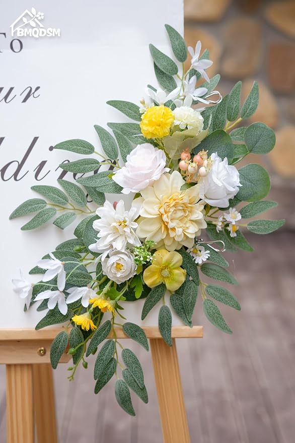 Faux Flowers Wedding Welcome Signs Floral(Pack of 2)，Wedding Arch Flowers for Wedding Decorations and Reception Backdrop Decoration Thanksgiving Halloween Party Decoration (Yellow)