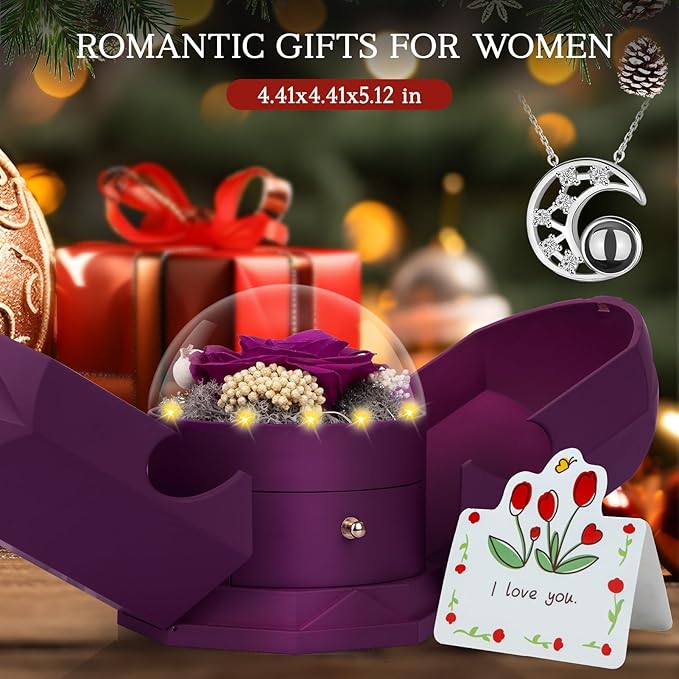 Preserved Real Rose with l Love You Necklace Eternal Forever Flowers Gifts for Mom Wife Grandma Women Girlfriend her from husband son daughter on Birthday Valentines Christmas Anniversary-Purple