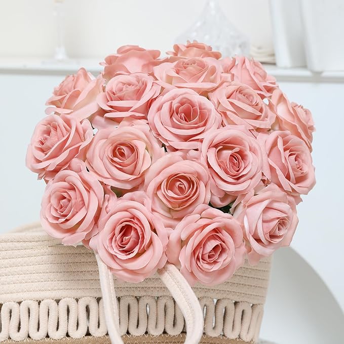 Nubry Artificial Silk Rose Flower Bouquet Lifelike Fake Rose for Wedding Home Party Decoration Event Gift 10pcs (Gradient Light Pink)