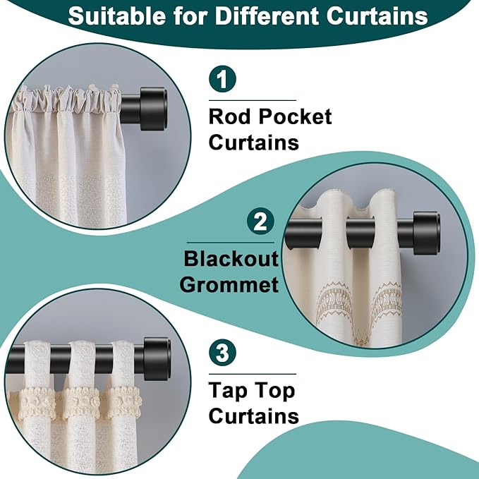 Black Curtain Rods 72-144 Inch, 1" Heavy Duty Extra Long Adjustable Wall Mount Drapery Rod, Telescoping Sectional Design for Large Windows, Outdoor Patio, Modern End Cap Finials