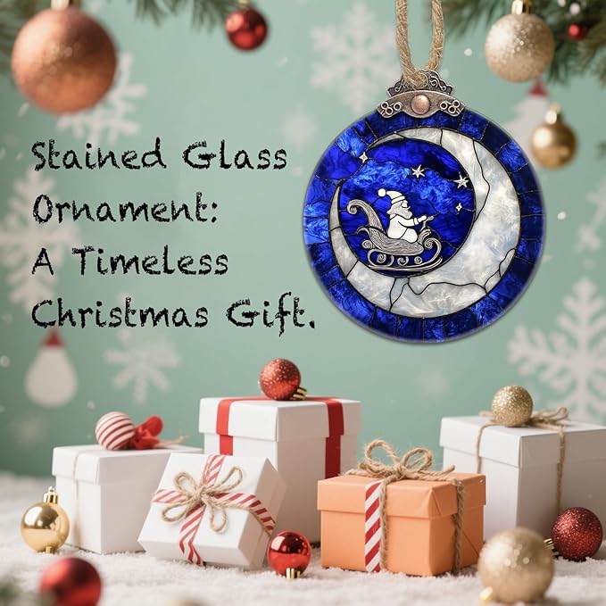 Stained Glass Christmas Decorations, Santa Claus On The Moon Suncatcher for Window Christmas Tree Hanging Ornaments Blue White Sun Catcher Xmas Decor Gifts for Women Men Mom Nana Friend