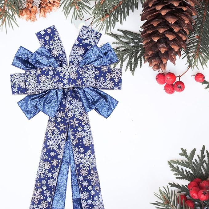 Christmas Tree Topper Wreath Bow Large Christmas Bow Tree Topper 52"x13" Dark Blue Snowflake Patterned Gift Bows for Xmas Holiday Home Wedding Thanksgiving Indoor/Outdoor Decoration