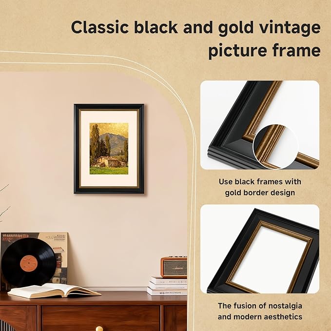 12x16 Black Picture Frame, 12 x 16 Photo Frame with Real Glass, Antique Picture Frames for Wall or Tabletop Display, Display Poster 8.5x11 with Mat or 12x16 without Mat for Antique Déco,Black with Gold Trim