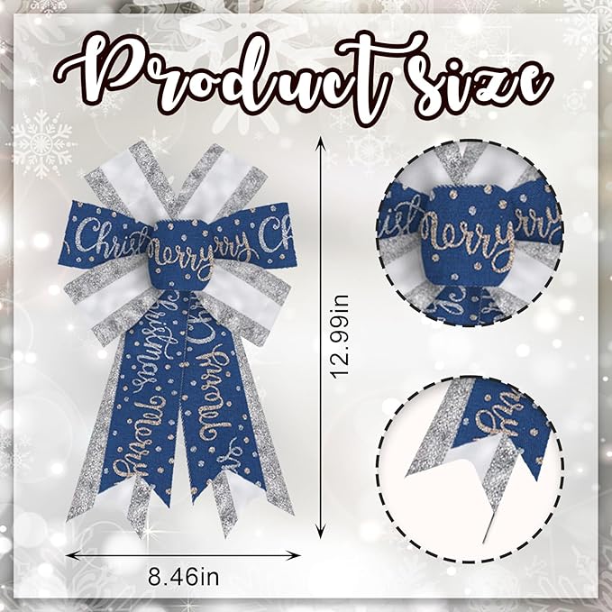 2PCS Merry Christmas Bow for Wreath, Glitter Silver Blue Wreath Bow for Christmas Décor Winter Bow for Front Door Indoor Outdoor Wall Tree Topper Decoration Supplies Xmas Hanging Ornament