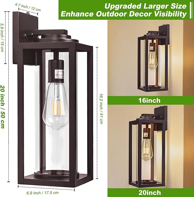20inch Dusk to Dawn Outdoor Wall Light Fixtures - 2 Packs Large Exterior Waterproof Outdoor Lighting, Modern Porch Sconces Wall Mounted Lighting, Industrial Outside Lantern for Front Door