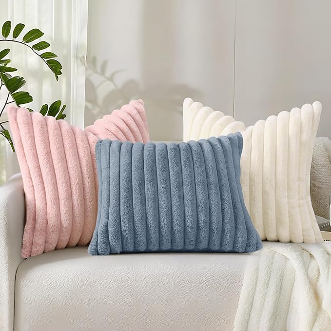 decorUhome Faux Fur Christmas Throw Pillow Covers 22x22 Set of 2, Decorative Soft Plush Striped Neutral Couch Euro Pillow Covers with Velvet Back for Sofa, Bed, Living Room Home Decor, Grey Blue