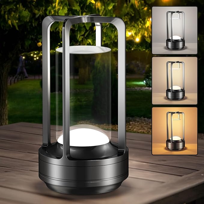 Portable Table Lamp for Outdoor Indoor: Cordless Rechargeable Desk Lamp with 3 Color Stepless Dimmable - Metal Battery Operated Lantern Light for Bedroom/Bar/Coffee Shop/Camping (Black)