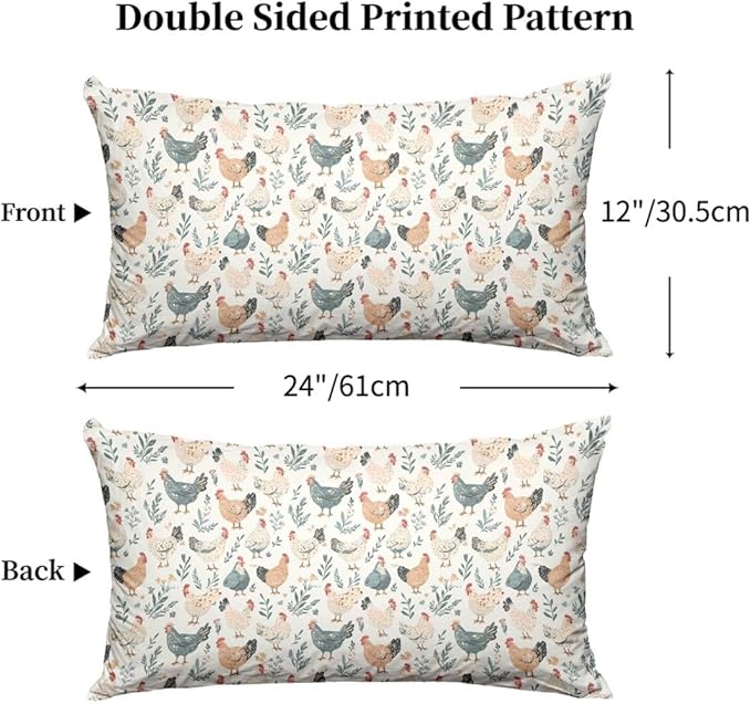 Chicken Pillowcases Set of 2 Funny Rooster Bed Pillow Protectors with Zipper Standard Size Boho Rustic Floral Botanical Throw Pillow Covers for Couch Nursery Bedding Decorative 24"X12"