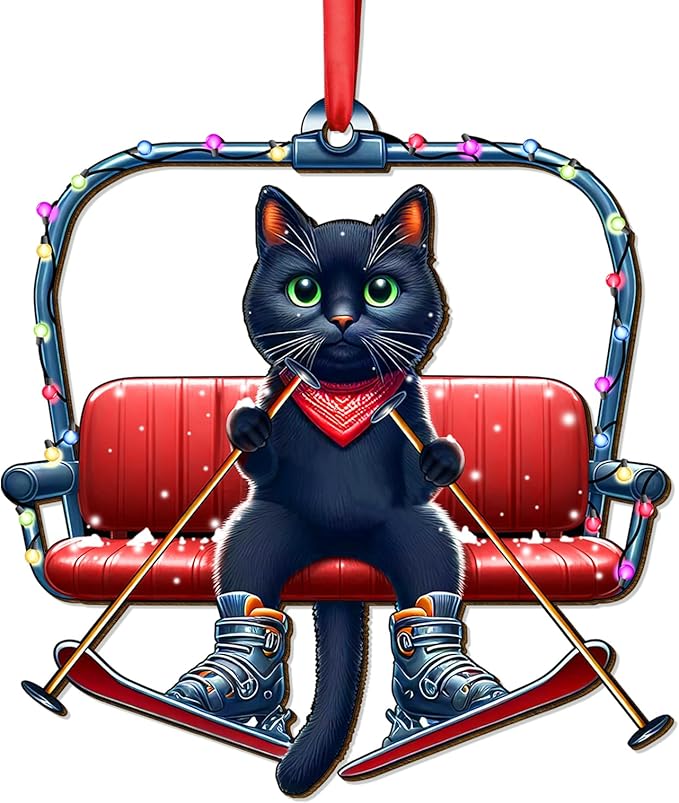 34HD Black Cat Christmas Ornament 2025 - Wooden Hanging Xmas Tree Ornament Decoration, Christmas Keepsake Gifts and Home Decor for Cat Lovers and Ski Fans
