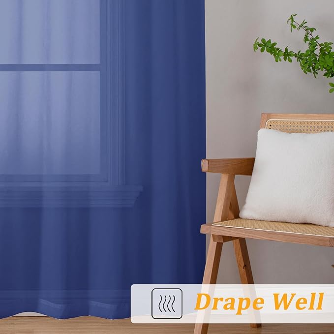 Gwine Royal Blue Sheer Kitchen Curtains 36 Inch Length, Light Filtering Voile Soft Airy Small Cafe Curtains, Short Window Curtain for Bathroom Basement, 42x36 inch, 2PCS
