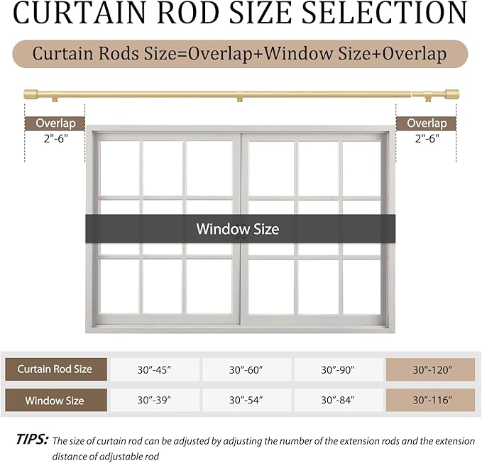 1” Diameter Gold Curtain Rods for Windows, 1 Pack 30-120 Inch Heavy Duty Window Rods, Long Adjustable Curtain Rod, Fits Most Standard Windows, Suitable for Bedroom, Living Room, Farmhouse