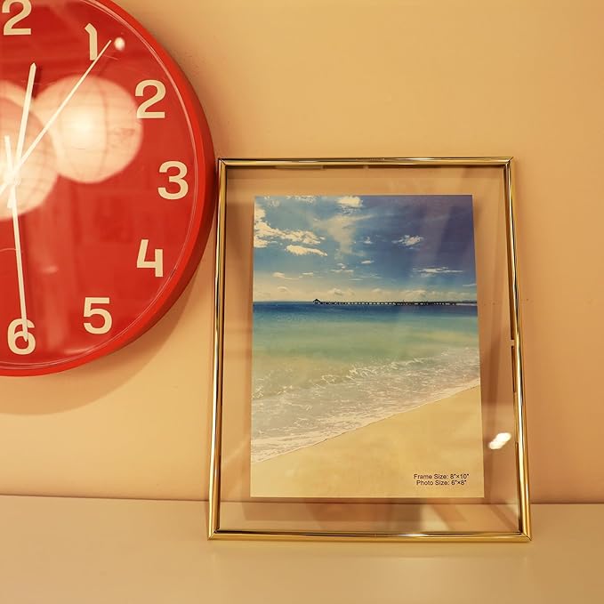 Wall Floating Frame, 8"×10", Gold, Wall Mounting or Wall Leaning, For Photo 6×8, 5×7, 4×6, Classy Gift For Festival, Wedding, Anniversary, Home or Office Décor