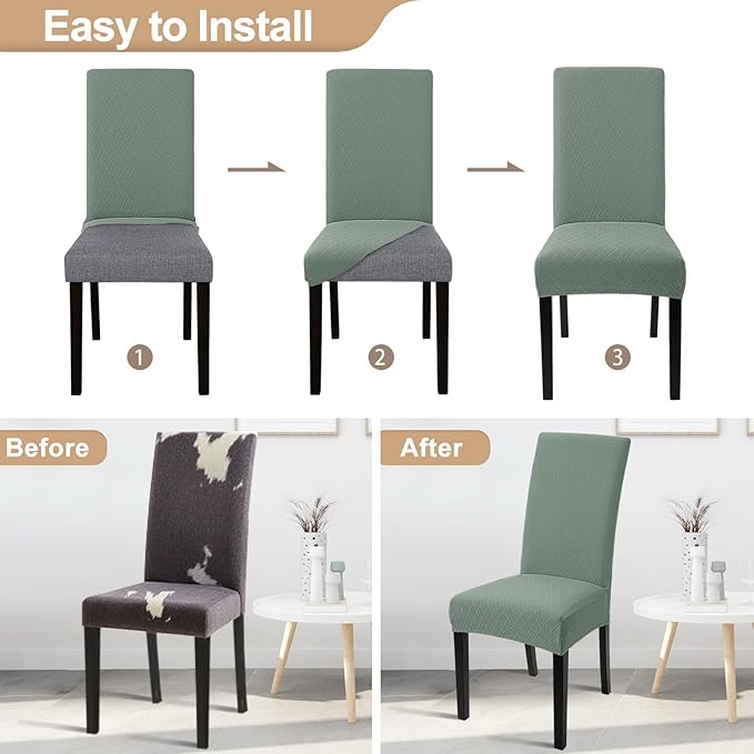 SearchI Dining Room Chair Covers Set of 6, Stretch Jacquard Parsons Chair Slipcovers Removable Washable Kitchen Chair Protector Cover for Dining Room, Hotel, Ceremony (Sage Green Rhombus)