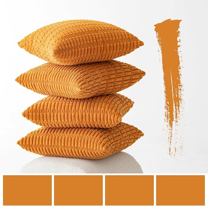 MIULEE Pack of 4 Fall Burnt Orange Corduroy Decorative Throw Pillow Covers 18x18 Inch Soft Boho Striped Pillow Covers Modern Farmhouse Home Decor for Sofa Living Room Couch Bed
