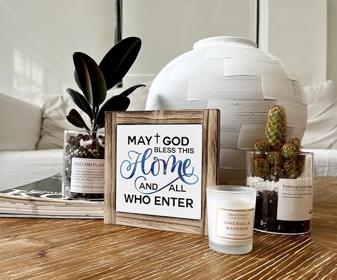Christian Sign, Box Wood Plaques Desk Décor, Rustic Family Sign, Encouragement Christian Table and Home Decor, Farmhouse Decor for Shelf, May God Bless This Home and All Who Enter Sign
