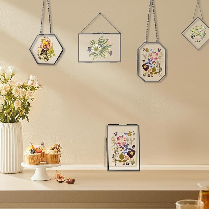 FOCHIER F 5 Pcs Pressed Flower Frames with Tweezers, Wall Hanging Tabletop Display Double Glass Frames with Metal Chain for Pressed Dried Flowers Plants, Horizontal and Vertical Picture Frame, Black
