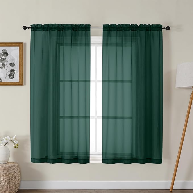 Gwine Hunter Green Sheer Curtains for Bedroom 54 inches Long 2 Panels, Light Filtering Voile Rod Pocket Curtains, Airy Transparent Sheer Drapes for Living Room, Each 42" Wx54 L